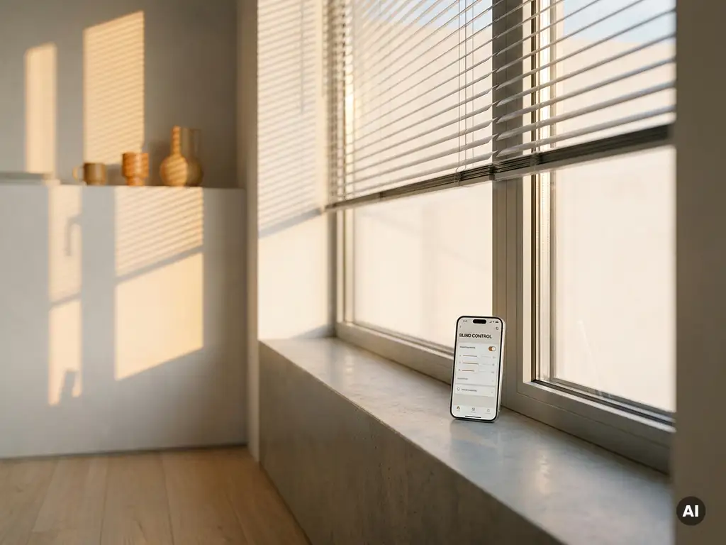 Smartphone auf Fensterbrett steuert smarte Jalousien, warmes Morgenlicht wirft gestreifte Schatten in minimalistisches weißes Zimmer.