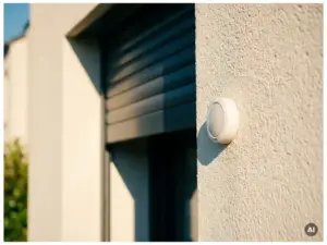 Kompakter Sonnensensor an weißer Hausfassade mit teilweise geschlossenem motorisiertem Rolladen im Mittagslicht.