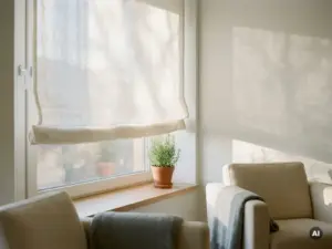 Weißes Klemmrollo am Fenster einer hellen Wohnung, natürliches Morgenlicht filtert durch halbtransparentes Gewebe auf weiße Wand.