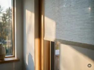 Verdunkelungsrollo halb geöffnet, warmes Nachmittagslicht erzeugt goldene Streifen auf weißer Wand, detaillierte Stofftextur sichtbar.