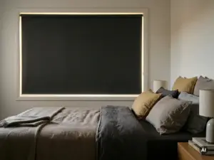 Verdunkelungsrollo am Schlafzimmerfenster mit weichem Morgenlicht an den Rändern, ordentlich gemachtes Bett im Vordergrund.