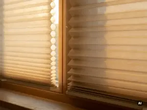 Wabenplissee und einfaches Plissee nebeneinander am Fenster, warmes Nachmittagslicht durchleuchtet Creme- und Sandtöne.
