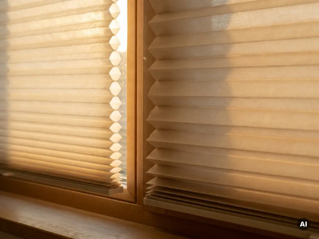 Wabenplissee und einfaches Plissee nebeneinander am Fenster, warmes Nachmittagslicht durchleuchtet Creme- und Sandtöne.