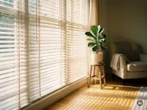 Weiße Innenjalousien halb geöffnet am Wohnzimmerfenster, goldenes Sonnenlicht wirft parallele Schattenstreifen auf Eichenholzboden mit Topfpflanze.