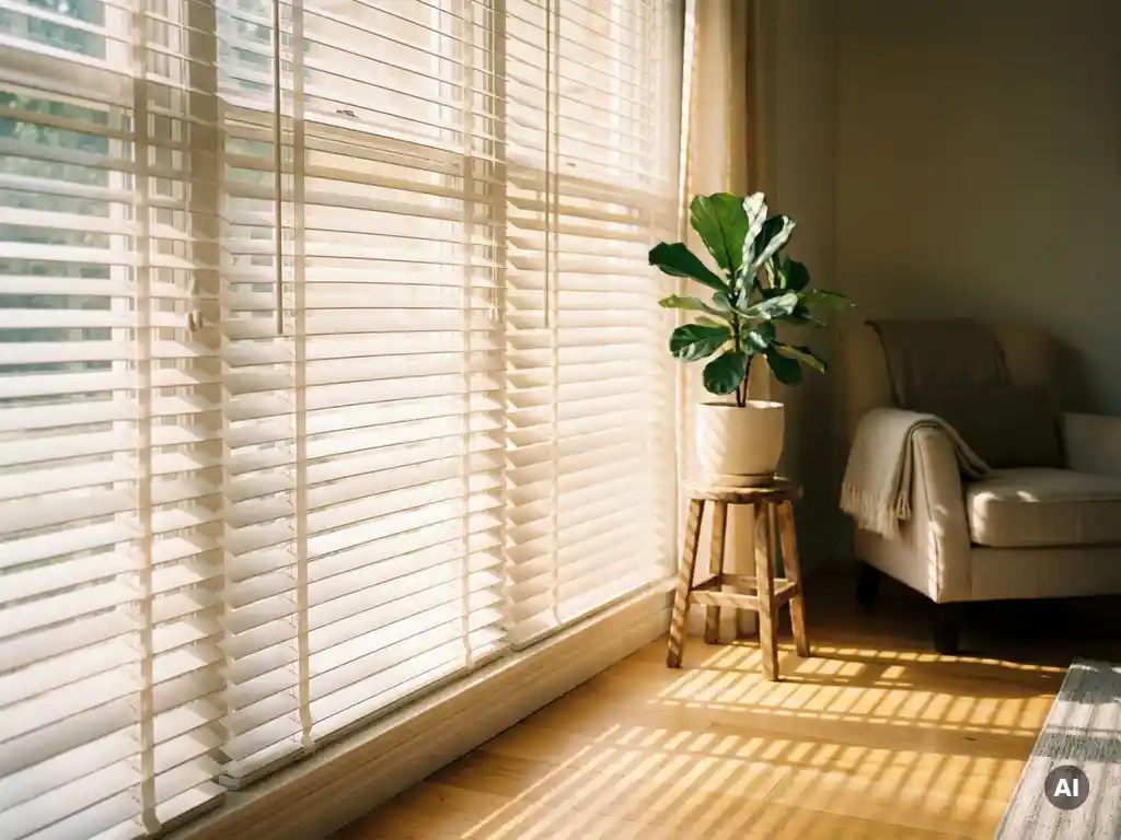 Weiße Innenjalousien halb geöffnet am Wohnzimmerfenster, goldenes Sonnenlicht wirft parallele Schattenstreifen auf Eichenholzboden mit Topfpflanze.