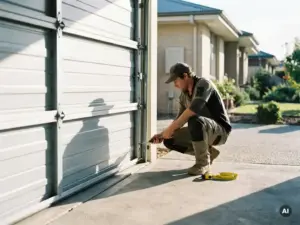 Handwerker inspiziert die Seitenführungsschiene einer halb geöffneten Sektionalgaragentür in einer Einfahrt.