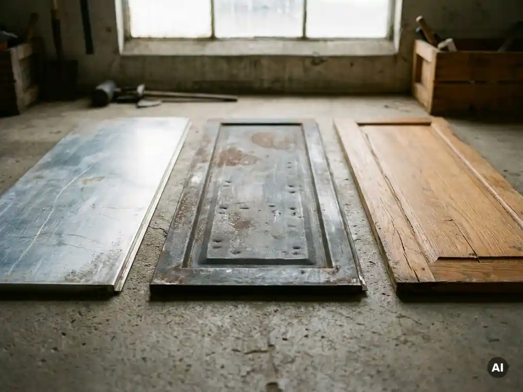 Drei Garagentor-Musterplatten aus gebürstetem Aluminium, Dunkelstahl und Naturholz nebeneinander auf Betonoberfläche.