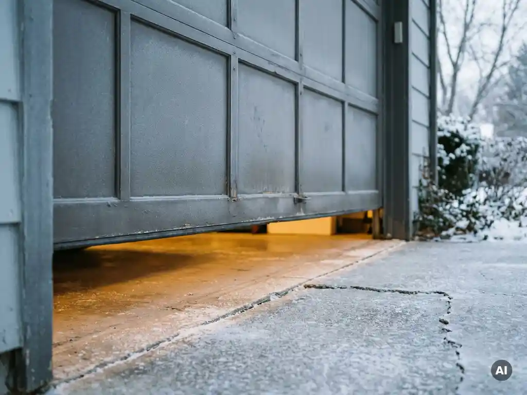 Gut gedämmtes Sektionaltor leicht geöffnet an einem Frostmorgen, warmes Licht aus dem Garageninneren fällt auf die bereiften Betonauffahrt.