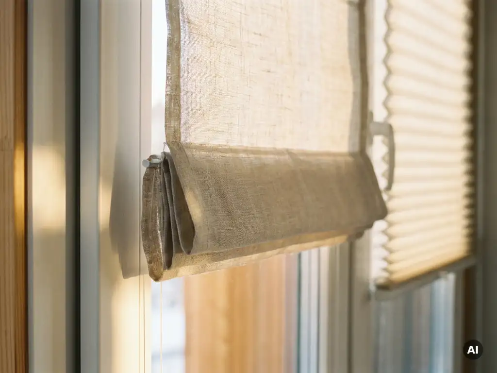 Leinenstoff-Rollo halb gerollt an sonnenbeschienem Fenster, warmes Tageslicht filtert durch das transluzente Material und wirft goldene Schatten auf weißen Rahmen.