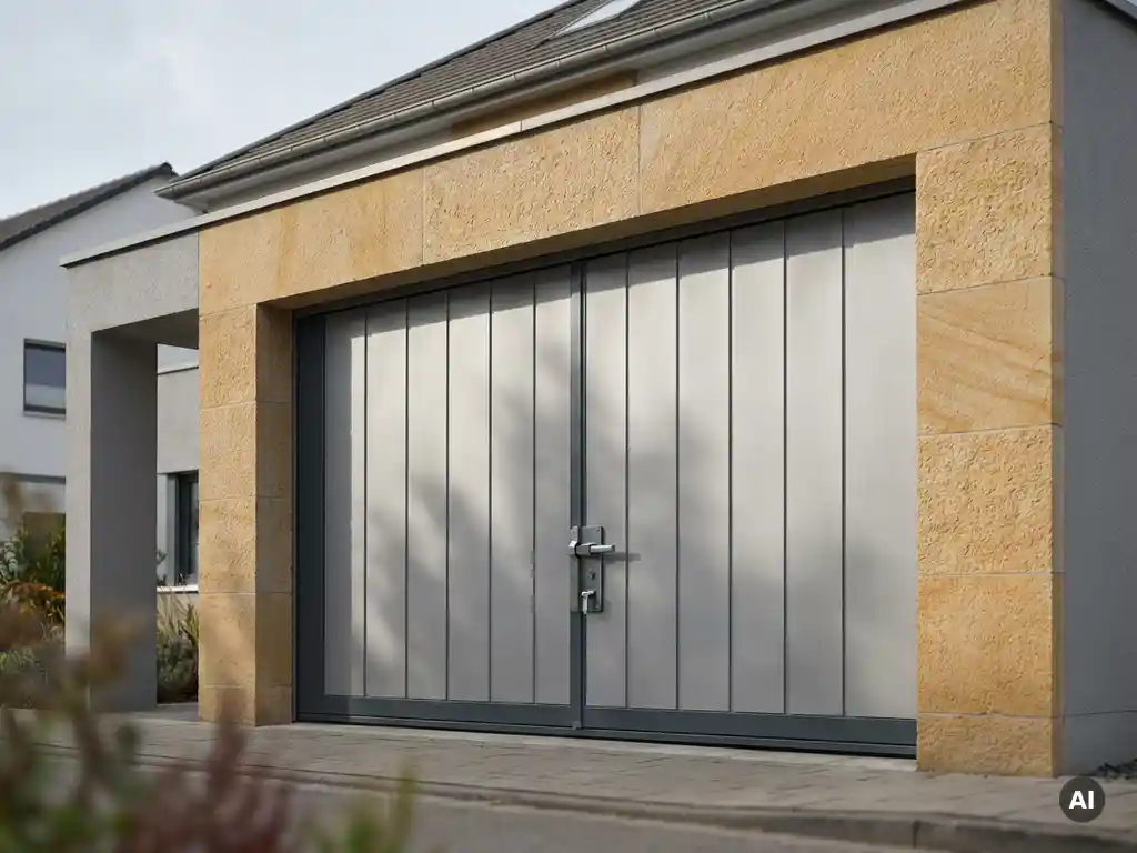 Sektionalgaragentor aus Stahl mit Verriegelung an moderner Hausfassade in Anthrazit und Sandstein.